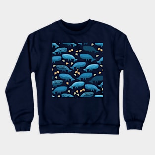 Blue whales illustration poster with pattern of whales and yellow seashells Crewneck Sweatshirt